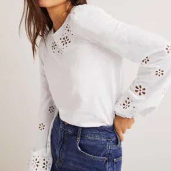 Boden Broderie Insert Long Sleeve Jersey Top White 6 Embroidered Preppy Cut-Out - Picture 4 of 15